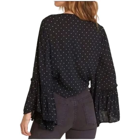 Billabong Lust Wild Blouse Top Flared Sleeve Black Polka Dot Button Down Tie L - Picture 3 of 8